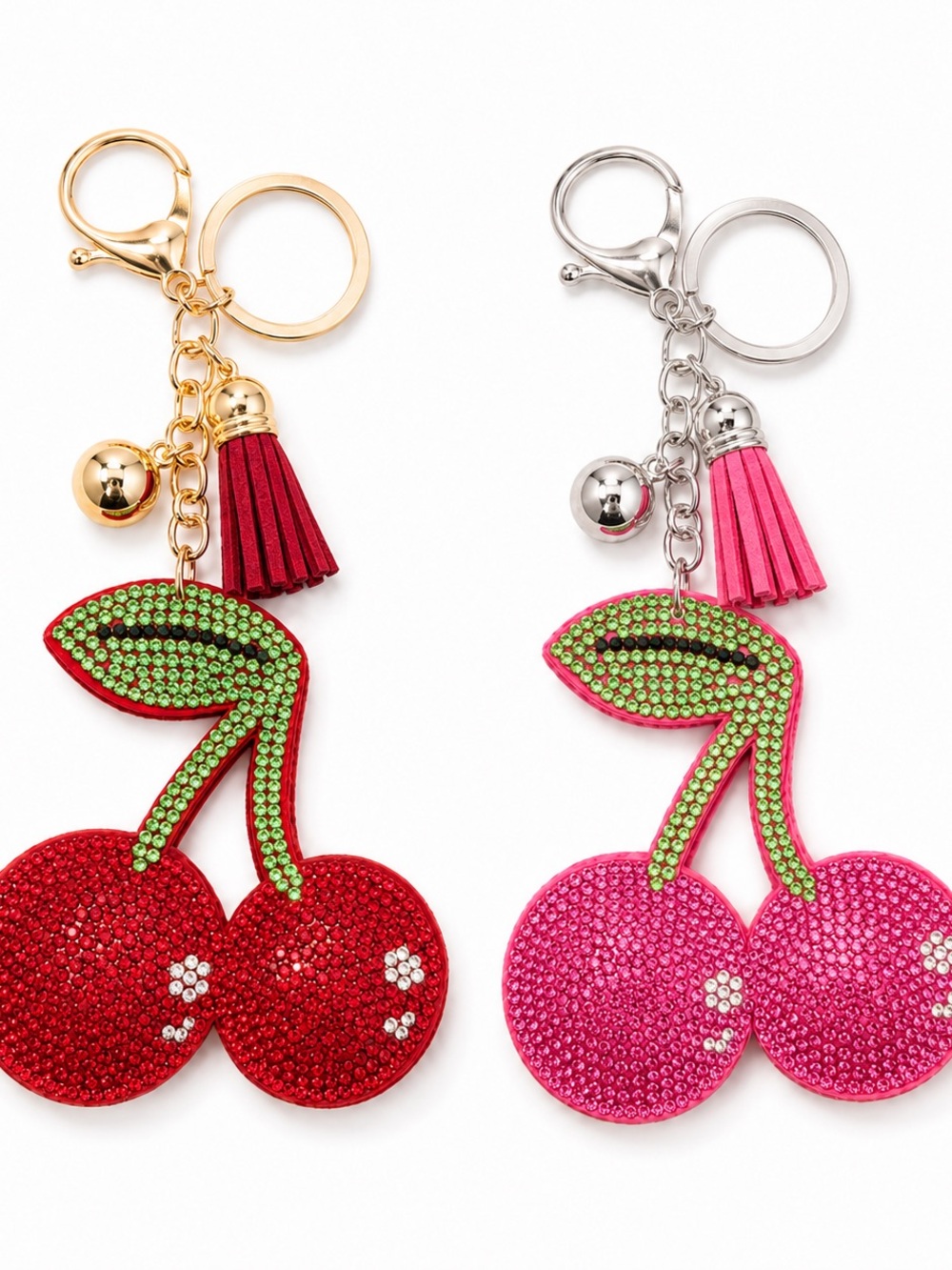Cherry Puffy Rhinestone Keychain with Tassel- Red or Pink 🍒